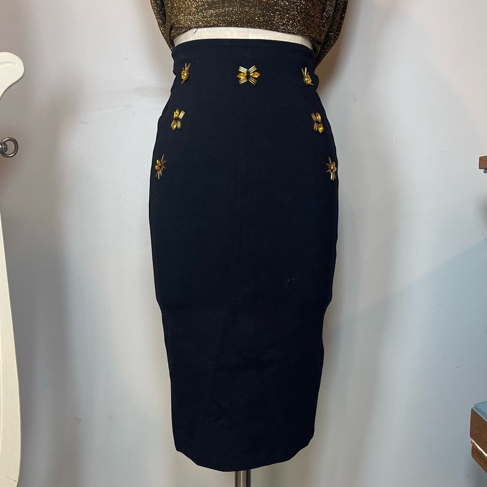 H&M XS midi high waisted stretchy black pencil skirt w/ gold embellishments